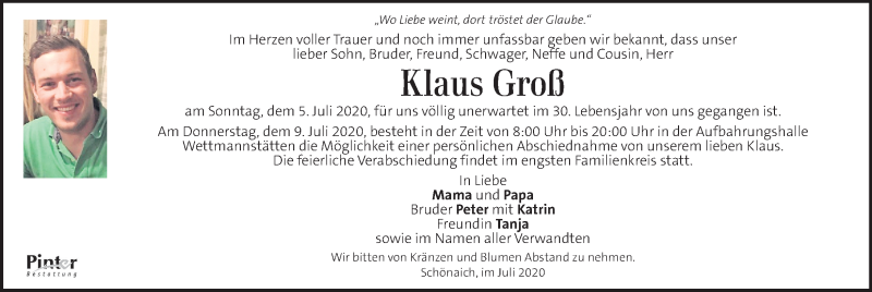  Traueranzeige für Klaus Groß vom 08.07.2020 aus Kleine Zeitung