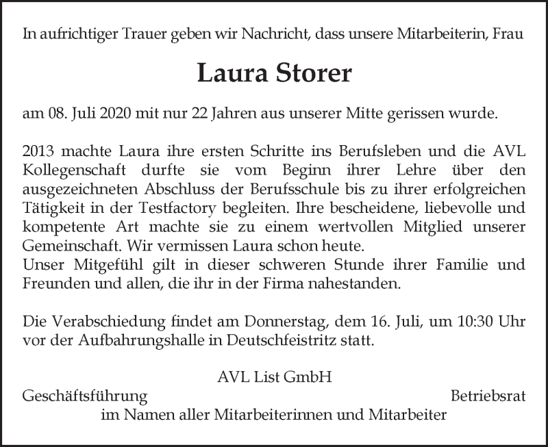  Traueranzeige für Laura Storer vom 15.07.2020 aus Kleine Zeitung