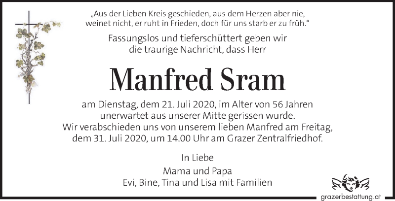  Traueranzeige für Manfred Sram vom 28.07.2020 aus Kleine Zeitung