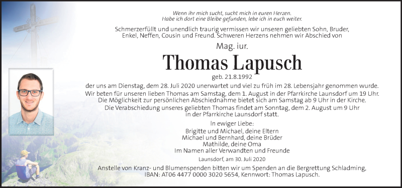  Traueranzeige für Thomas Lapusch vom 01.08.2020 aus Kleine Zeitung