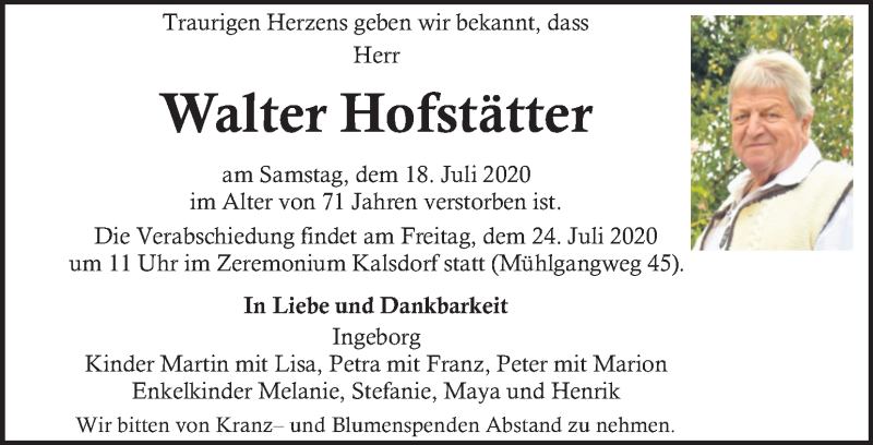  Traueranzeige für Walter Hofstätter vom 22.07.2020 aus Kleine Zeitung