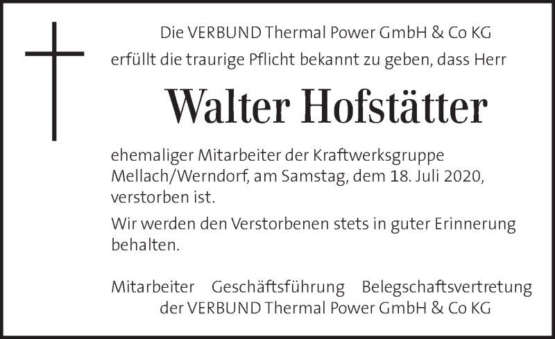  Traueranzeige für Walter Hofstätter vom 25.07.2020 aus Kleine Zeitung