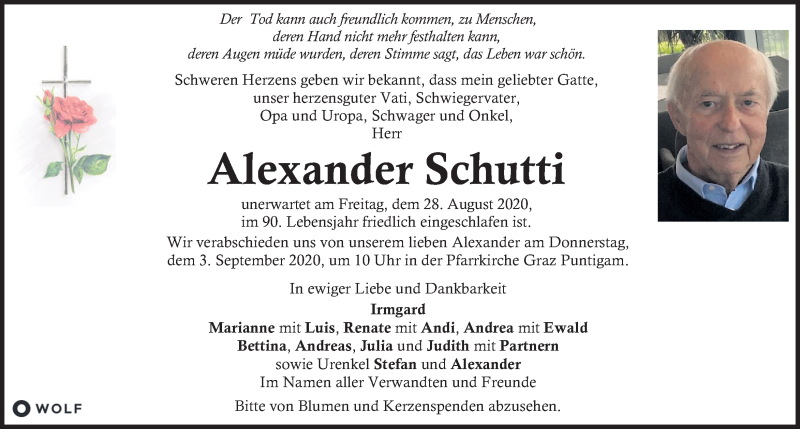  Traueranzeige für Alexander Schutti vom 01.09.2020 aus Kleine Zeitung