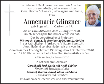 Traueranzeige von Annemarie Glinzner von Kleine Zeitung
