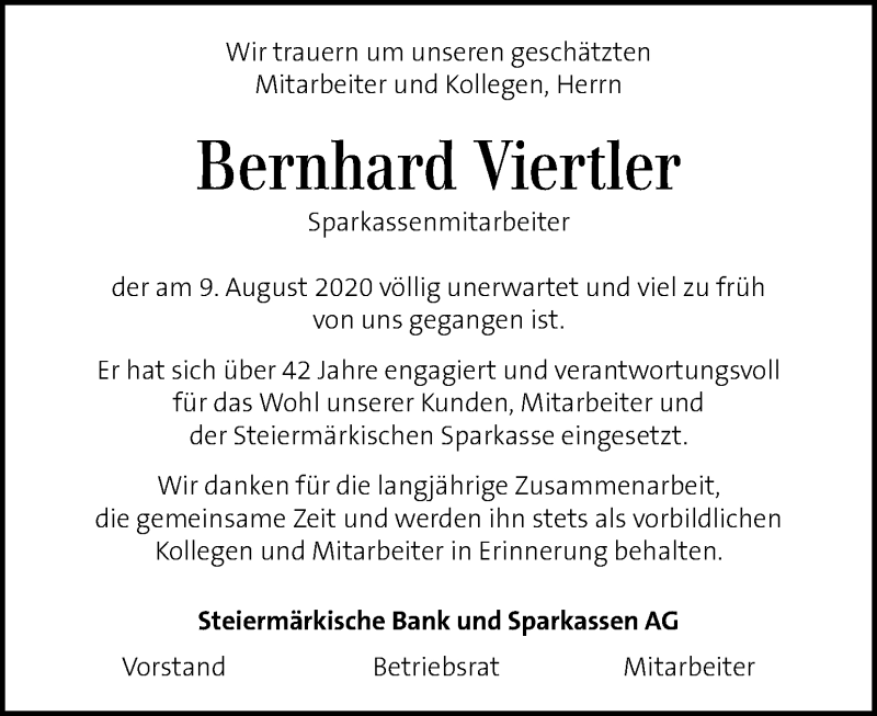  Traueranzeige für Bernhard Viertler vom 13.08.2020 aus Kleine Zeitung