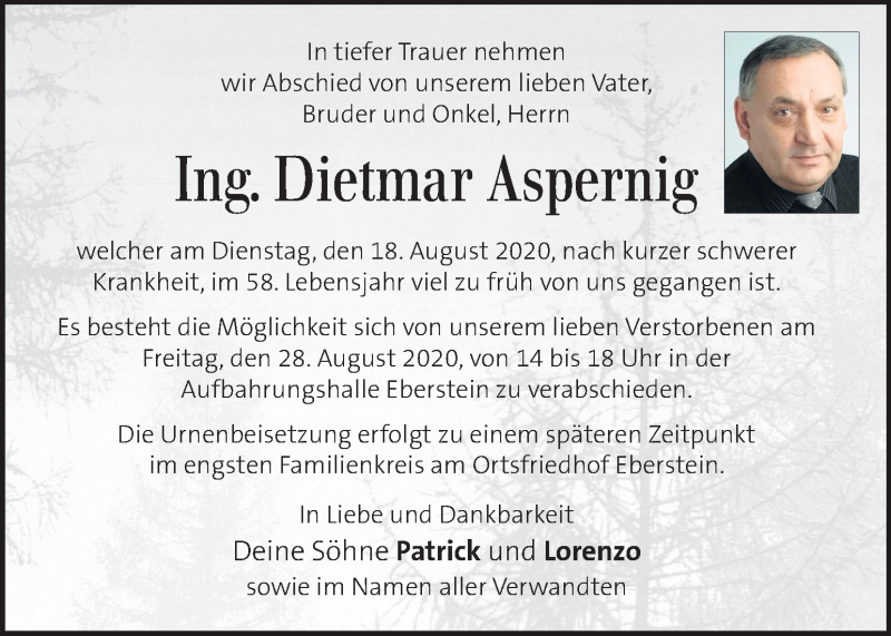  Traueranzeige für Dietmar Aspernig vom 22.08.2020 aus Kleine Zeitung