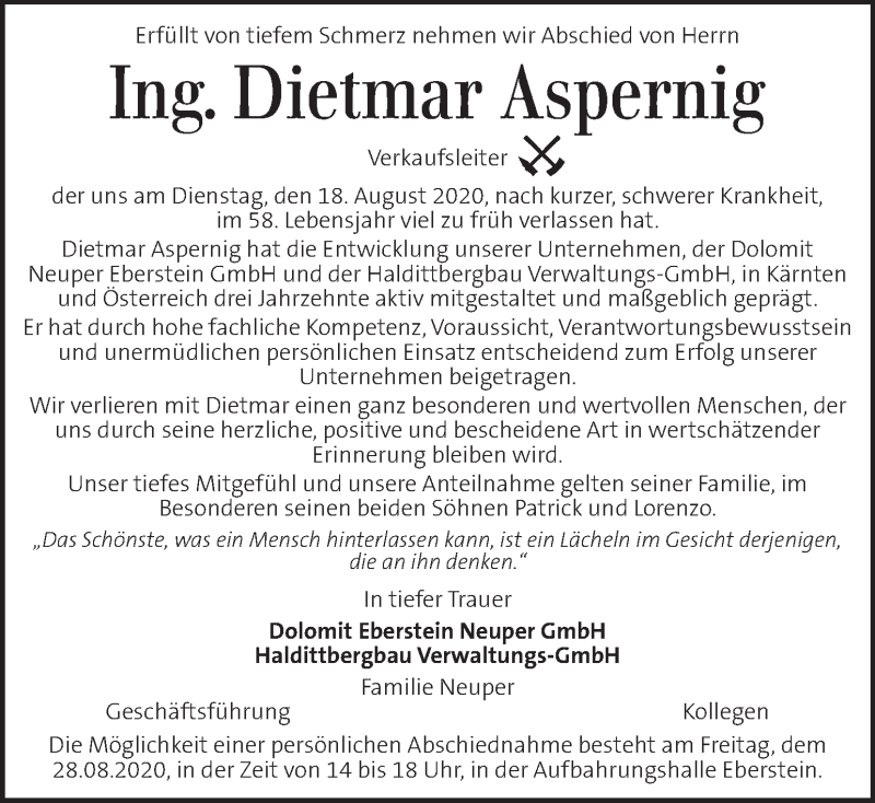  Traueranzeige für Dietmar Aspernig vom 22.08.2020 aus Kleine Zeitung
