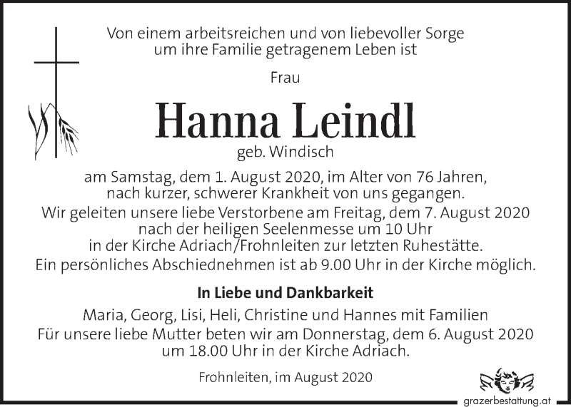  Traueranzeige für Hanna Leindl vom 05.08.2020 aus Kleine Zeitung