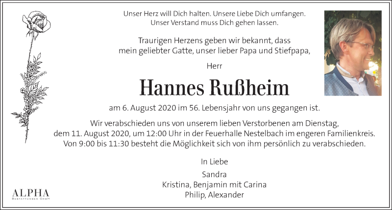  Traueranzeige für Hannes Rußheim vom 09.08.2020 aus Kleine Zeitung