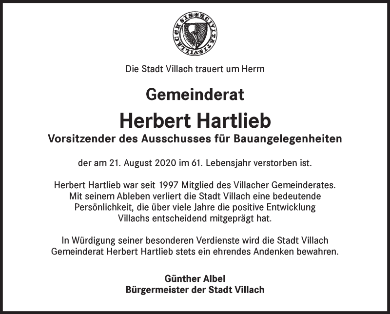  Traueranzeige für Herbert Hartlieb vom 25.08.2020 aus Kleine Zeitung