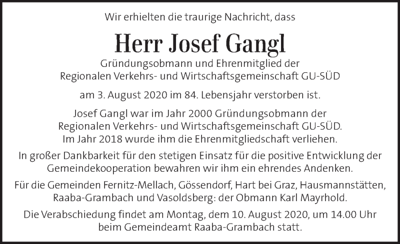  Traueranzeige für Josef Gangl vom 07.08.2020 aus Kleine Zeitung