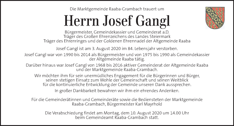  Traueranzeige für Josef Gangl vom 07.08.2020 aus Kleine Zeitung