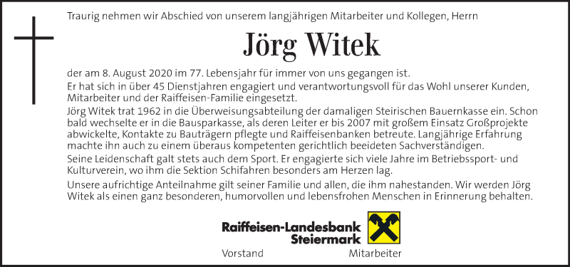  Traueranzeige für Jörg Witek vom 20.08.2020 aus Kleine Zeitung