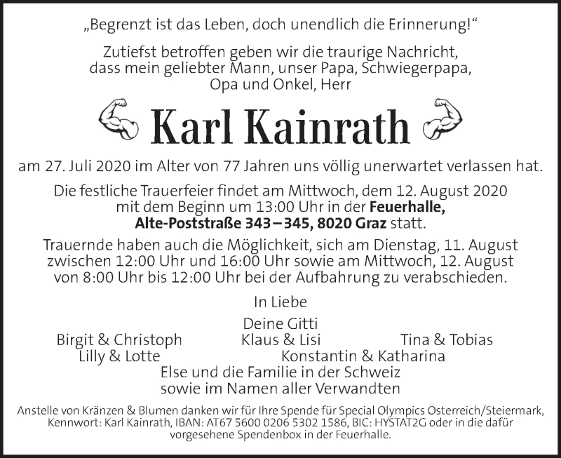  Traueranzeige für Karl Kainrath vom 06.08.2020 aus Kleine Zeitung