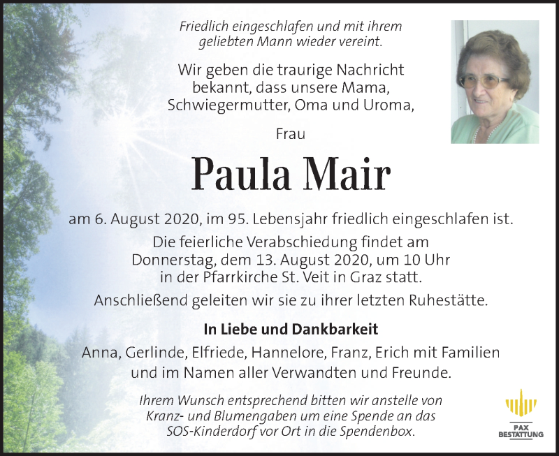  Traueranzeige für Paula Mair vom 12.08.2020 aus Kleine Zeitung