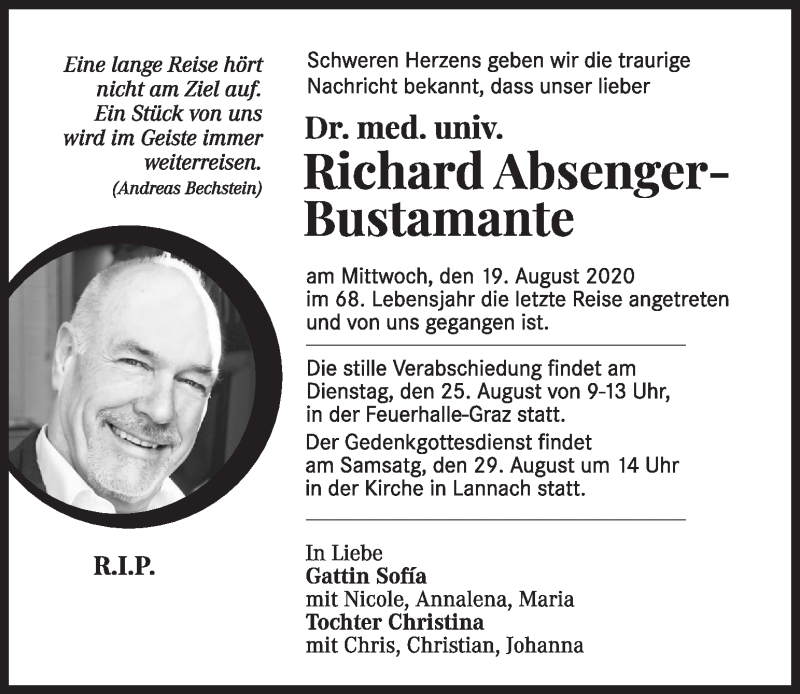  Traueranzeige für Richard Absenger-Bustamante vom 25.08.2020 aus Kleine Zeitung