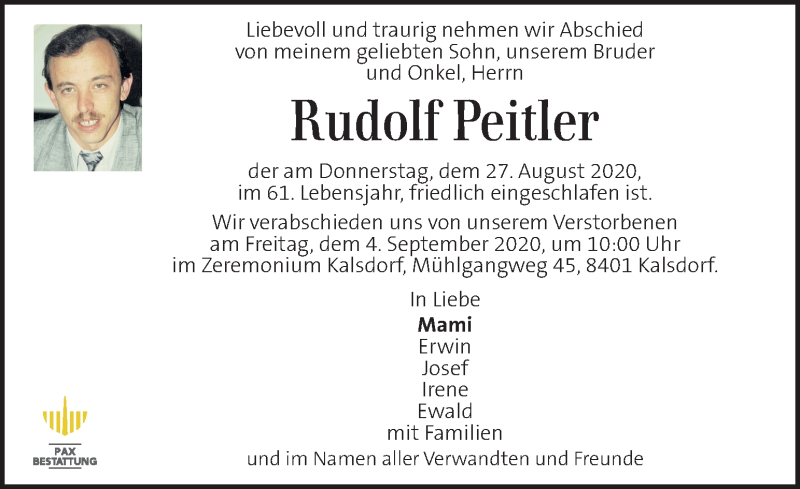  Traueranzeige für Rudolf Peitler vom 01.09.2020 aus Kleine Zeitung