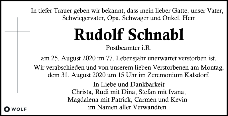  Traueranzeige für Rudolf Schnabl vom 29.08.2020 aus Kleine Zeitung