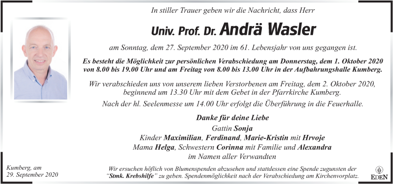  Traueranzeige für Andrä Wasler vom 30.09.2020 aus Kleine Zeitung