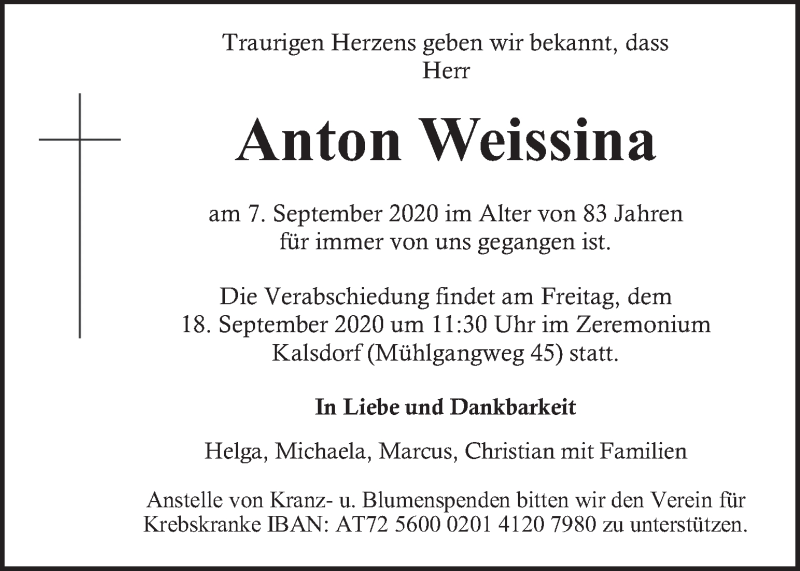  Traueranzeige für Anton Weissina vom 12.09.2020 aus Kleine Zeitung