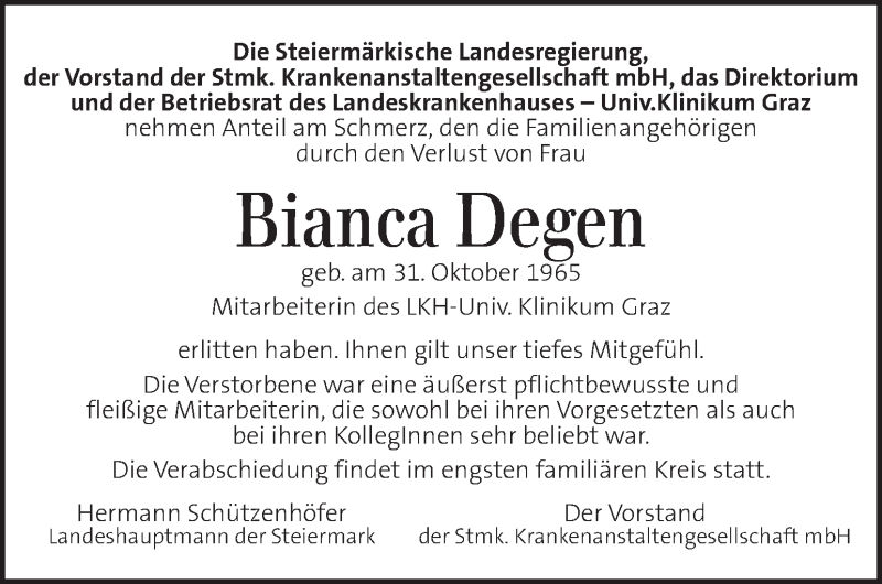  Traueranzeige für Bianca Degen vom 12.09.2020 aus Kleine Zeitung