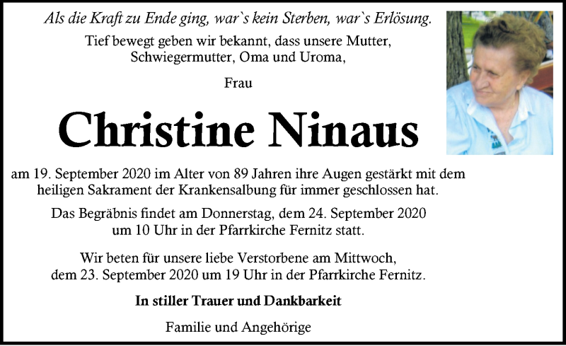  Traueranzeige für Christine Ninaus vom 23.09.2020 aus Kleine Zeitung