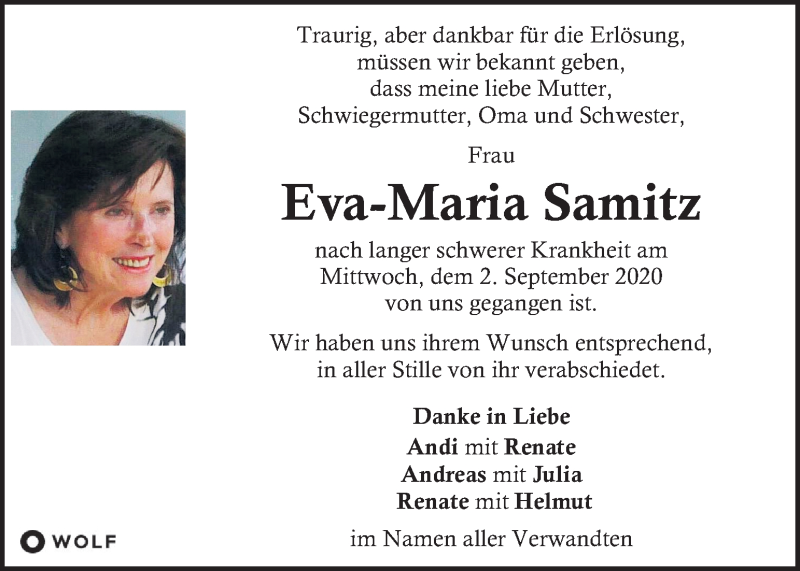  Traueranzeige für Eva-Maria Samitz vom 13.09.2020 aus Kleine Zeitung