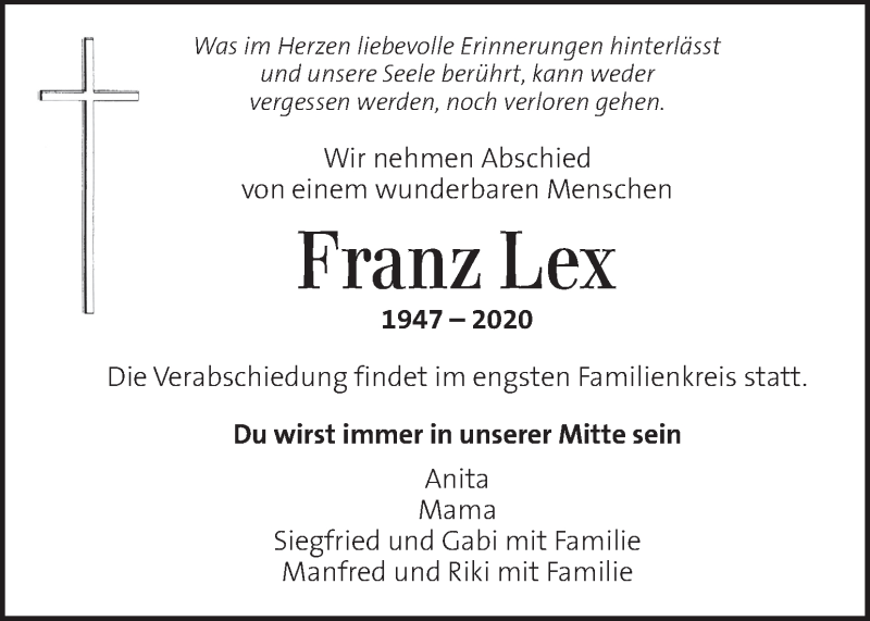  Traueranzeige für Franz Lex vom 23.09.2020 aus Kleine Zeitung