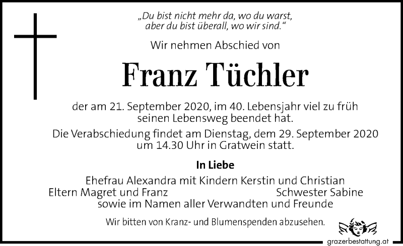  Traueranzeige für Franz Tüchler vom 25.09.2020 aus Kleine Zeitung