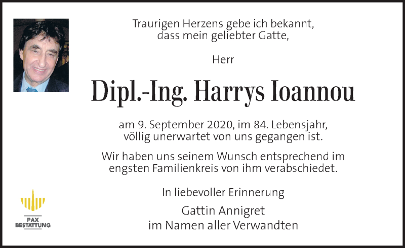  Traueranzeige für Harrys Ioannou vom 17.09.2020 aus Kleine Zeitung