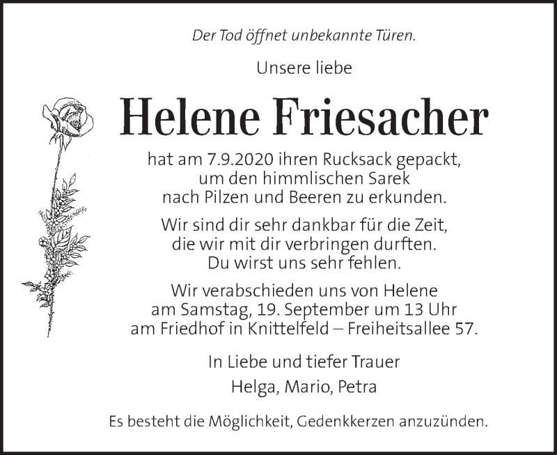  Traueranzeige für Helene Friesacher vom 13.09.2020 aus Kleine Zeitung