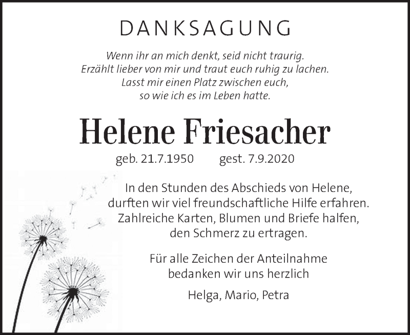  Traueranzeige für Helene Friesacher vom 26.09.2020 aus Kleine Zeitung