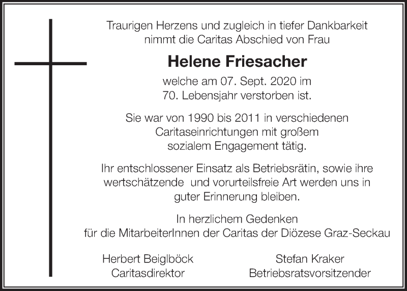  Traueranzeige für Helene Friesacher vom 11.09.2020 aus Kleine Zeitung