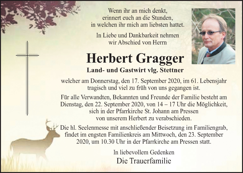  Traueranzeige für Herbert Gragger vom 19.09.2020 aus Kleine Zeitung