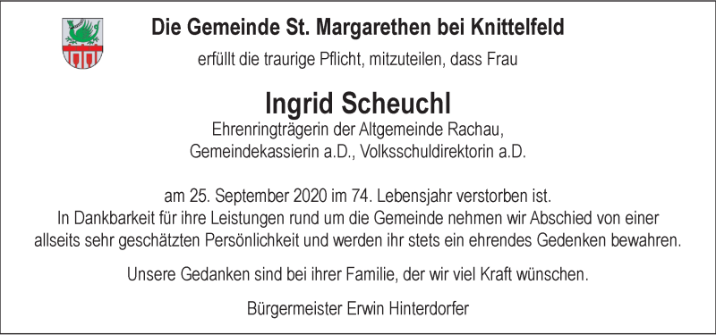  Traueranzeige für Ingrid Scheuchl vom 29.09.2020 aus Kleine Zeitung