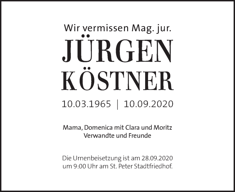  Traueranzeige für Jürgen Köstner vom 22.09.2020 aus Kleine Zeitung