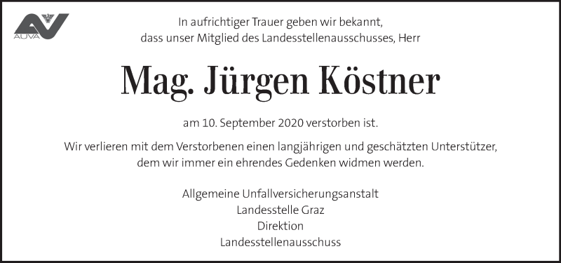  Traueranzeige für Jürgen Köstner vom 18.09.2020 aus Kleine Zeitung