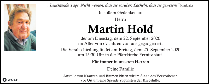  Traueranzeige für Martin Hold vom 24.09.2020 aus Kleine Zeitung