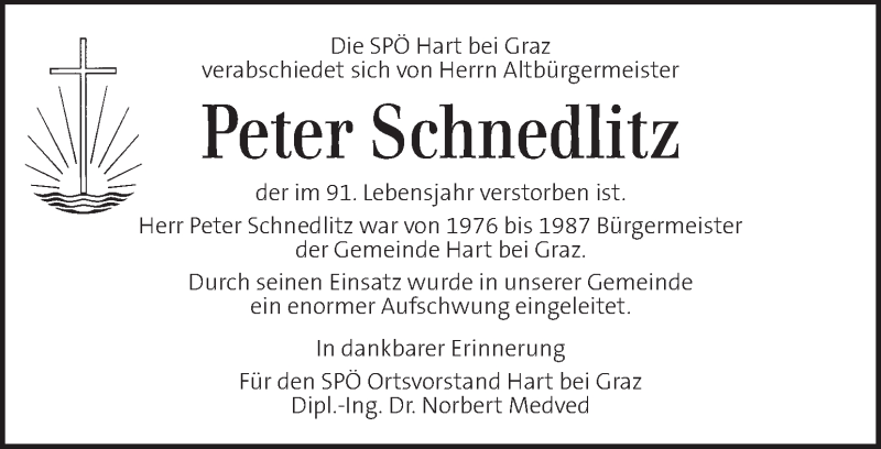  Traueranzeige für Peter Schnedlitz vom 13.09.2020 aus Kleine Zeitung