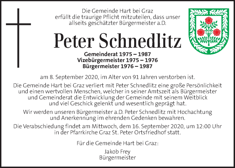  Traueranzeige für Peter Schnedlitz vom 13.09.2020 aus Kleine Zeitung