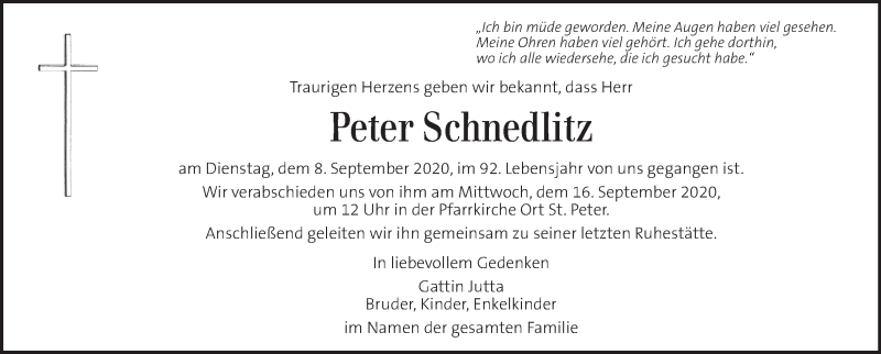  Traueranzeige für Peter Schnedlitz vom 12.09.2020 aus Kleine Zeitung