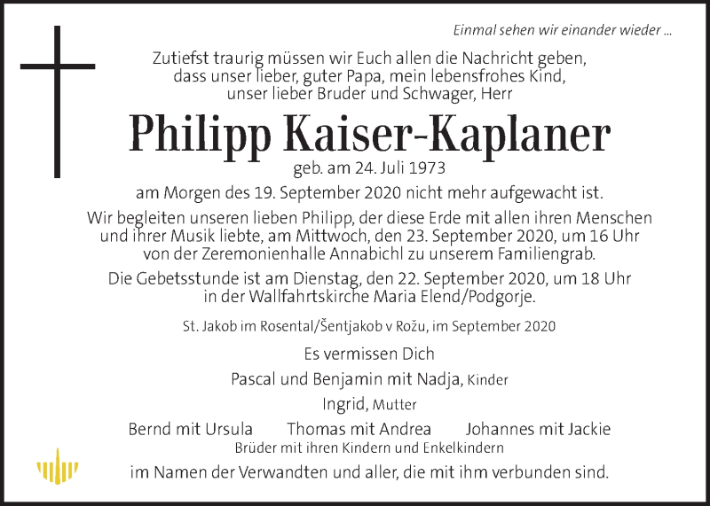  Traueranzeige für Philipp Kaiser-Kaplaner vom 23.09.2020 aus Kleine Zeitung