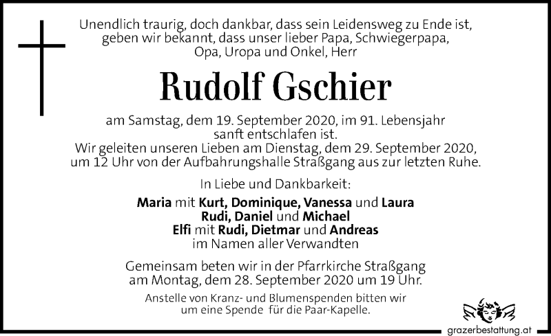  Traueranzeige für Rudolf Gschier vom 25.09.2020 aus Kleine Zeitung