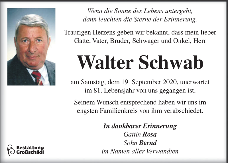  Traueranzeige für Walter Schwab vom 25.09.2020 aus Kleine Zeitung