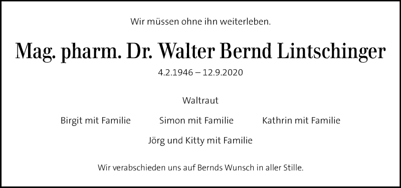  Traueranzeige für Walter Bernd Lintschinger vom 18.09.2020 aus Kleine Zeitung