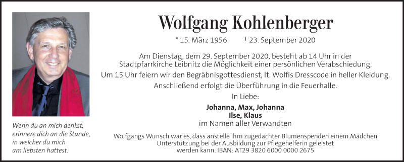  Traueranzeige für Wolfgang Kohlenberger vom 26.09.2020 aus Kleine Zeitung