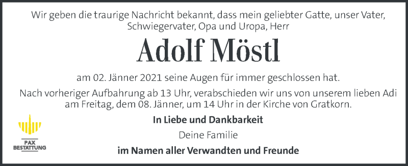  Traueranzeige für Adolf Möstl vom 07.01.2021 aus Kleine Zeitung