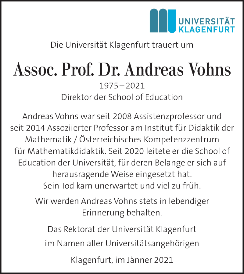  Traueranzeige für Andreas Vohns vom 22.01.2021 aus Kleine Zeitung