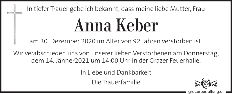  Traueranzeige für Anna Keber vom 12.01.2021 aus Kleine Zeitung