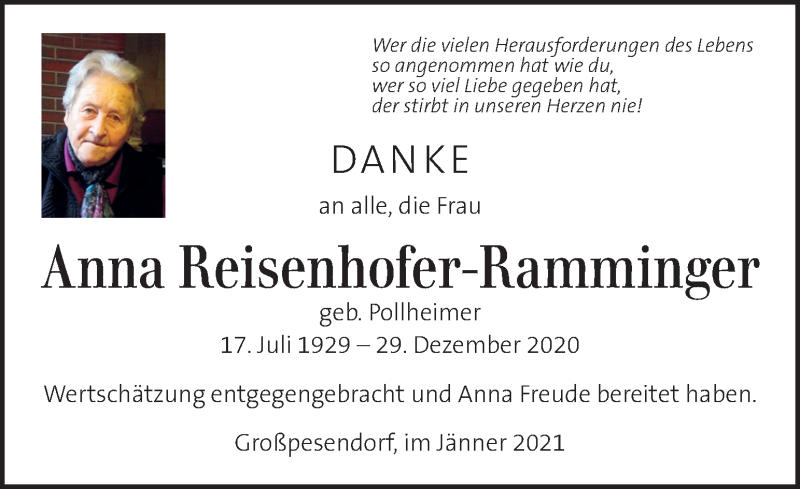  Traueranzeige für Anna Reisenhofer-Ramminger  vom 20.01.2021 aus Kleine Zeitung